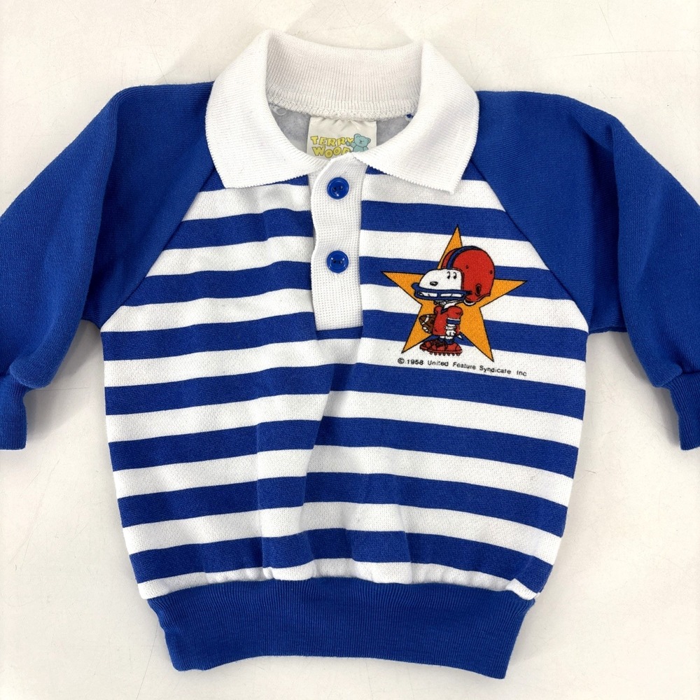 Vintage 80s 90s Snoopy Peanuts Baby Sweatshirt 12 Months Football Blue Stripe